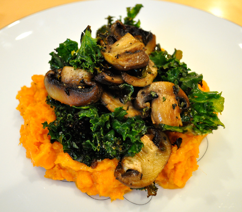Roast Mushrooms and Kale over Mashed Sweet Potatoes
